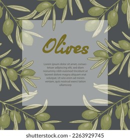 Olive oil banner design template. Sketch style olive branches and extra virgin vector label with olive tree on dark background. Vector illustration.