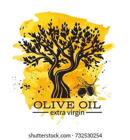 Olive oil banner with hand drawn olive tree in retro sketch style for ancient greek label , emblem market. Watercolor design.