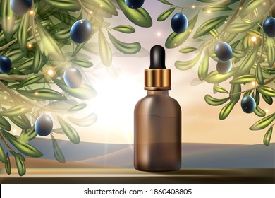 Olive oil beauty product, cosmetic pack vector illustration. Realistic 3d promo design with glass package bottle for serum face skincare treatment and green sunny nature cosmetology poster background
