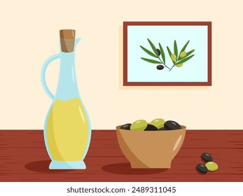 Olive oil and olive berries in a plate on the table. Vector illustration of a still life in the kitchen.