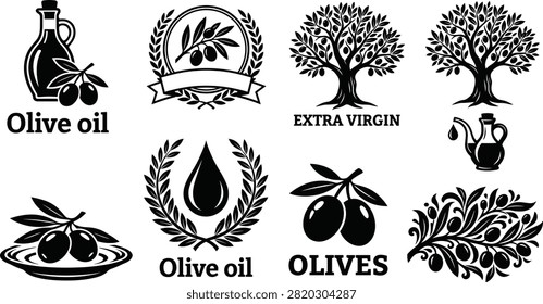 Olive oil black label logo collection with tree, bottle, branch, drop symbol, extra virgin product design, isolated art