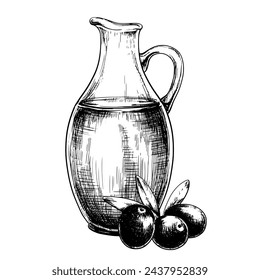 Olive oil bottle with berries vintage vector sketch drawing