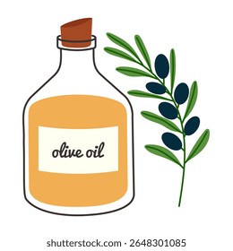 Olive oil bottle and black olive branch icon vector illustration. Transparent bottle, golden olive oil, leafy branch, ripe black olives. Healthy cooking ingredient, Mediterranean food