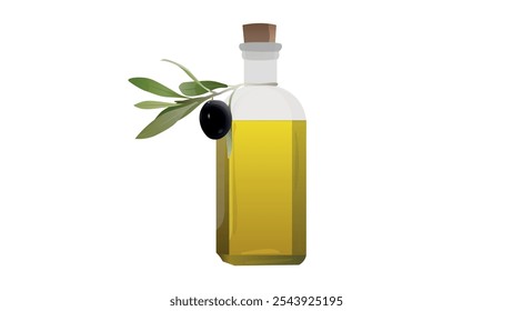 Olive oil in a bottle with black olive and leaves. Natural healthy food product ads template. olive oil bottle decorated with leaves and olive