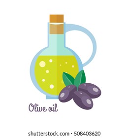 Olive oil in bottle with black olives in flat design. Small jar filled olive kernel oil. Cooking base product. Used in cosmetics, pharmaceuticals, soaps, as a fuel for traditional oil lamps. Vector