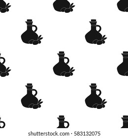 Olive oil bottle with black olives icon in black style isolated on white background. Greece pattern stock vector illustration.