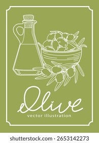 Olive oil bottle and bowl of olives outlined in a vector illustration on a green background perfect for culinary, food, and Mediterranean-themed design projects.