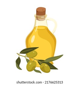 Olive oil in bottle and branch with fruit and green leaves vector illustration. Cartoon isolated glass jar with cork lid and natural extra virgin oil for cooking, condiment and culinary ingredient