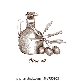 Olive oil in the bottle and branch hand drawn sketch vector illustration. 