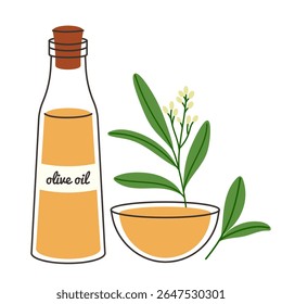 Olive oil bottle and branch icon vector illustration.Transparent glass bottle, leafy olive branch, and bowl of golden oil. Healthy cooking ingredient, Mediterranean food, natural organic product