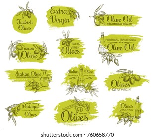 Olive oil bottle with olive branch sketch symbol set. Natural organic olive product isolated vector label of extra virgin oil in jug with fruit and leaf for italian, portuguese, turkish cuisine design