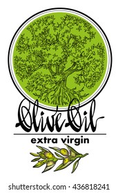 Olive Oil. Bottle, branch and tree. Vector illustration. Hand drawn elements.