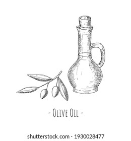 Olivenölflasche mit Olivenzweig. Vektorgrafik. Einzige Objekte auf weißem Hintergrund. Handgezeichnet.