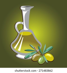 Olive oil bottle and olive branch. Vector illustration. Food design element. 