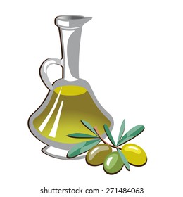 Olive oil bottle and olive branch. Vector illustration. Food design element. 