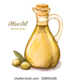 Olive oil in the bottle and a branch of olive, watercolor. Vector illustration.