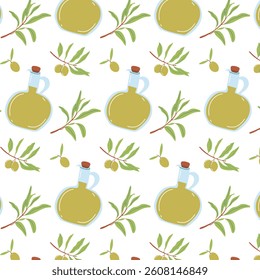 Olive Oil Bottle with Olive Branches and leaves Seamless Pattern. Vector illustrations. Botanical background - Powered by Shutterstock - Get 15% off with code: PIKWIZARD15