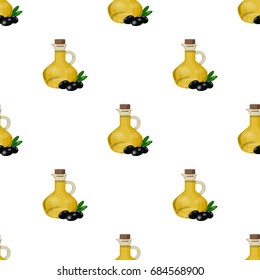 Olive oil bottle with cartoon olives icon in cartoon style isolated on white background. Greece symbol stock vector illustration.