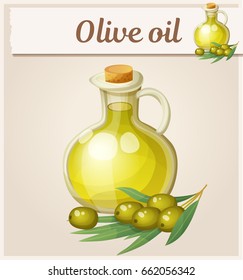 Olive oil in bottle. Cartoon vector icon. Series of food and drink and ingredients for cooking