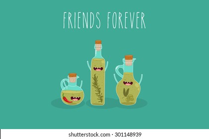 Olive oil in the bottle. Comic characters. Vector cartoon. Use fo the menu, in the shop, in the bar, the card or stickers. Easy to edit.
