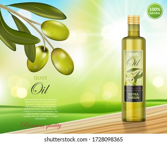 Olive oil bottle design on green shiny background. Transparent glass olive oil on wooden table, package design. Vector 3d illustration