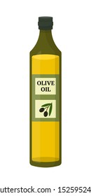 Olive oil bottle flat vector illustration. Bottled organic Olea europaea in branded container with company logo isolated on white background. Green olive berries with leaves corporate logotype