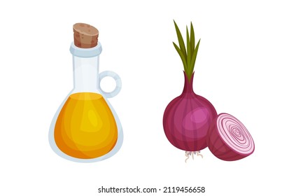 Botella de aceite de oliva y ilustración vectorial de cebolla roja fresca sobre fondo blanco