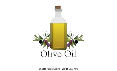 Aceite de oliva en botella con aceitunas verdes, negras y moradas. Plantilla natural de productos alimenticios saludables. botella de aceite de oliva decorada con hojas y aceitunas de diferentes madurez y colores 