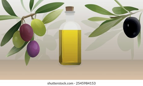 Aceite de oliva en botella con aceitunas y hojas verdes, negras y moradas. Botella de aceite de oliva y aceitunas en rama. Plantilla de anuncios de productos alimenticios naturales saludables. Anuncios planos de aceite de oliva. 