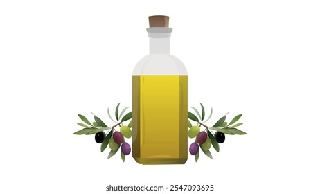 Aceite de oliva en botella con aceitunas verdes, negras y moradas. Plantilla natural de productos alimenticios saludables. botella de aceite de oliva decorada con hojas y aceitunas de diferentes madurez y colores 