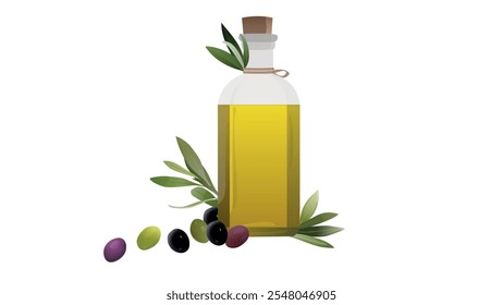 Aceite de oliva en botella con aceitunas verdes, negras y moradas. Plantilla natural de productos alimenticios saludables. botella de aceite de oliva decorada con hojas y aceitunas de diferentes madurez y colores 