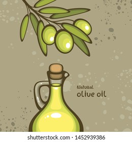 Olive oil bottle and green olive branch. Food vector illustration. Design for olive oil, natural cosmetics and healthcare products. Mediterranean cuisine.