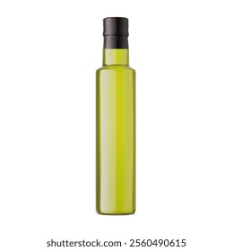 Olive oil bottle green glass vector mockup. Realistic 3d illustration of natural vegetarian extra virgin vegetable oil jar for mediterranian or italian kitchen. Cooking product brand bottle