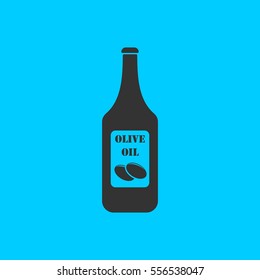 Olive oil bottle icon flat. Simple vector black pictogram on blue background