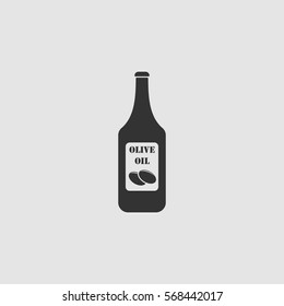 Olive oil bottle icon flat. Black pictogram on grey background. Vector illustration symbol
