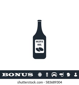 Olive oil bottle icon flat. Black pictogram on white background. Vector illustration symbol and bonus button