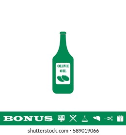 Olive oil bottle icon flat. Green pictogram on white background. Vector illustration symbol and bonus button