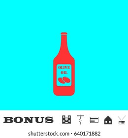 Olive oil bottle icon flat. Red pictogram on blue background. Vector illustration symbol and bonus buttons Music center, corkscrew, credit card, house, drum