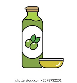 Olive oil bottle and olive oil icon. Vector.
