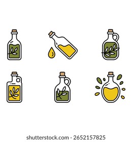 Olive Oil Bottle Icons Six Diverse Styles Modern Line Art Fresh and Vibrant Colors Culinary Branding