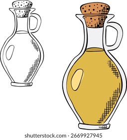 Frasco de azeite de oliva colorido isolado. Ilustração de tinta de linha de gráfico vetorial. ícone de linha de garrafa de azeite. design para gráficos de moda, impressões têxteis, tecidos, papéis de parede.
