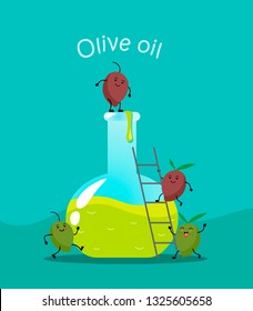 Olive oil in a bottle of kawaii olives with text Olive oil. Vector illustration on a turquoise background.