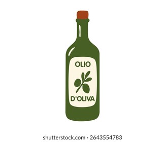 Olive Oil Bottle with Label for a Traditional Italian Cooking Theme. Hand-drawn vector illustration.