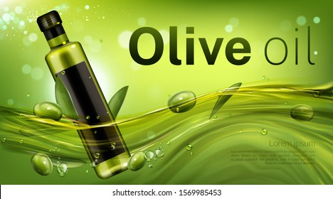 Olive oil bottle mockup banner, glass blank flask floating in liquid green flow with leaves and berries. Vegetable product for healthy cooking promotion advertising. Realistic 3d vector illustration