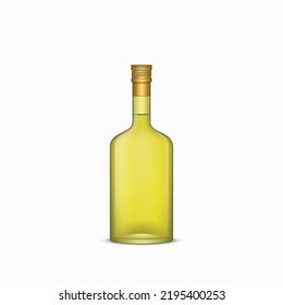 Olive oil bottle mockup. Extra virgin green oil jar. Food cooking product, organic vegetarian diet. Vegetable oil brand jar with golden cork. Sunflower oil glass bottle. Vector illustration