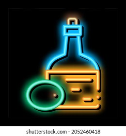 Olive Oil Bottle neon light sign vector. Glowing bright icon Olive Oil Bottle sign. transparent symbol illustration