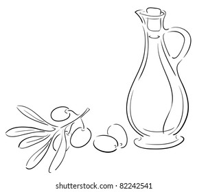 olive oil bottle and olives