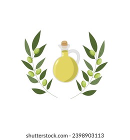 Olive oil in bottle with olives and olive branches. Vector illustration isolated, cartoon, icon, symbol, object, sticker, design element for menu, poster, label, packaging.