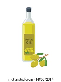 Olive oil bottle and olives on branch in flat design vector illustration isolated on white background. Olive oil icon.