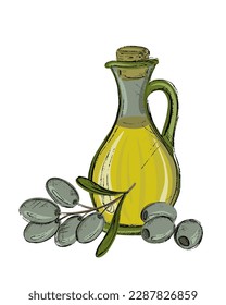 Olive oil bottle and olives on branch in flat design vector illustration isolated on white background. Olive oil icon.